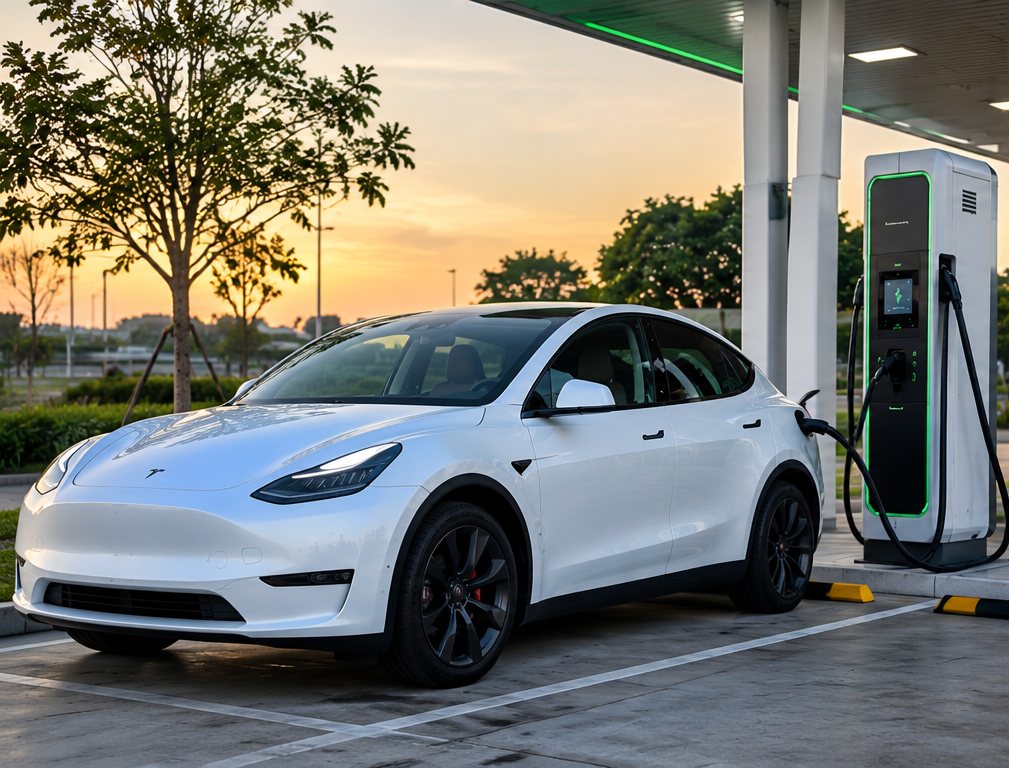 White electric SUV charging at a DC fast charger