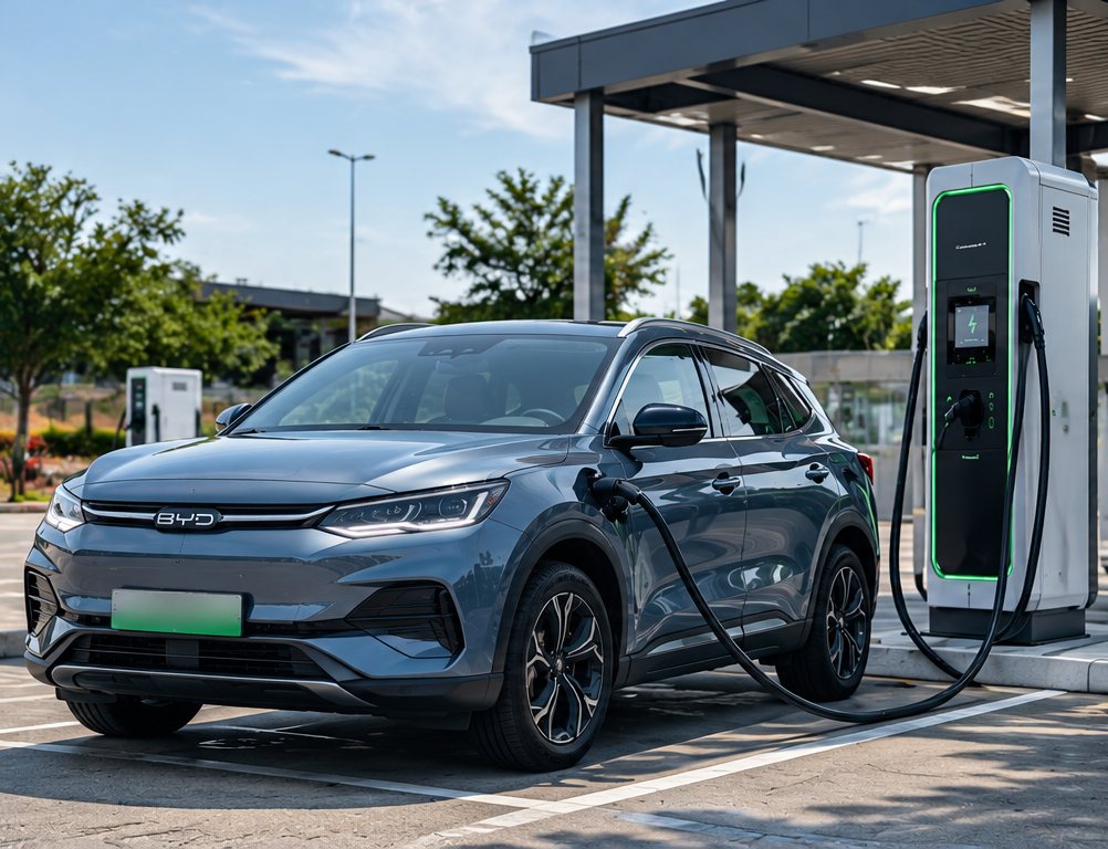 Blue electric SUV charging at a DC fast charger