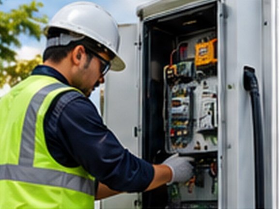 Technicians installing a DC fast charger